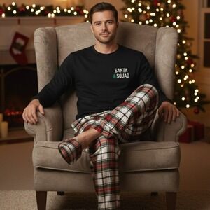 North Pole Trading Co $54 Medium Santa Squad Black Shirt‎ Red Plaid Bottoms Pjs